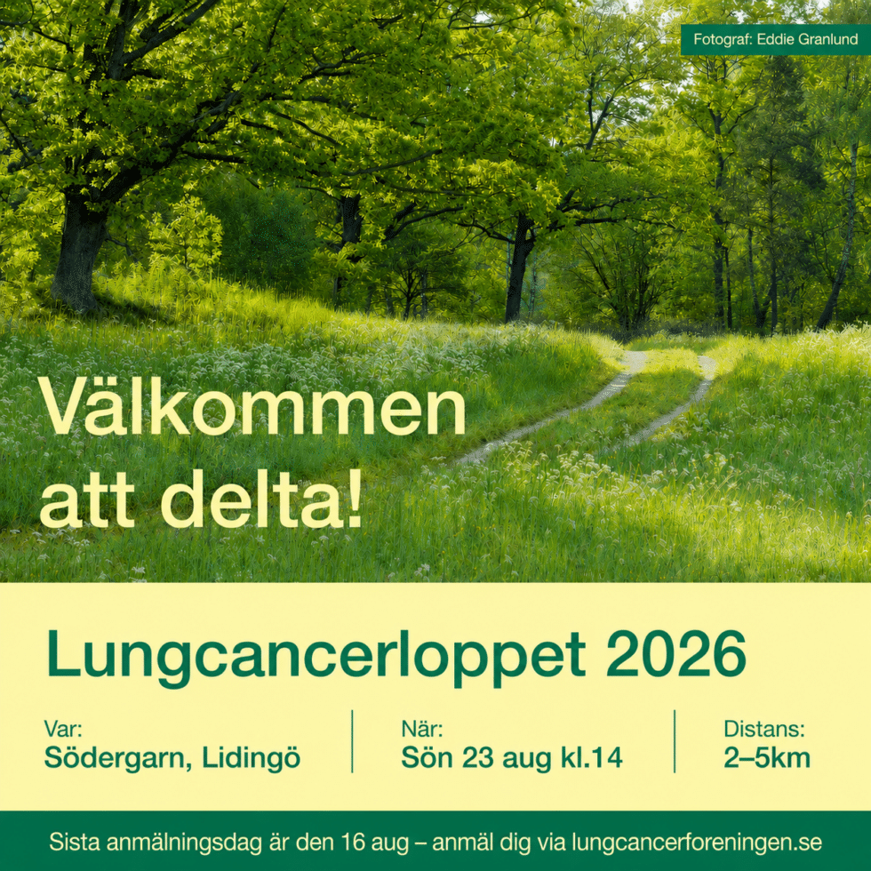 Välkommen att delta! Lungcancerloppet 2026 Var: Södergarn, Lidingö Tid: Sön 23 aug kl 14:00 Distans: 2-5 km Sista anmälningsdag är den 16 aug.