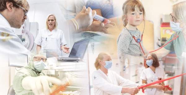 Bilden är ett collage av patienter och vårdpersonal inom cancervård